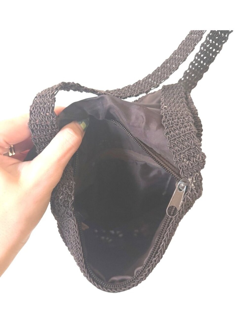 Vintage Boho Crocheted Dark Brown Crossbody Bag With Floral Embroidery Beautiful - Picture 3 of 9